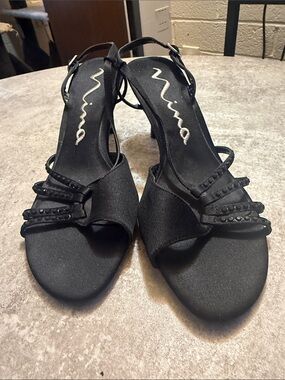 Nina Black Satin Beaded Strappy Heels